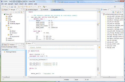 VLAM IDE Screenshot 2: VHDL and C Editor, Outline, Project Explorer