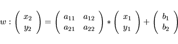 \begin{displaymath}w:\left( \begin{array}{c}x_2 \\ y_2 \end{array} \right)
=\le...
...ight)+
\left( \begin{array}{c}b_1 \\ b_2 \end{array} \right)
\end{displaymath}